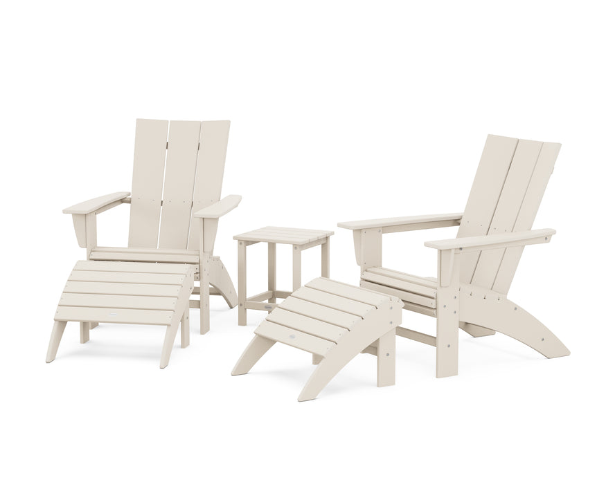 POLYWOOD Modern Curveback Adirondack Chair 5-Piece Set with Ottomans and 18" Side Table in Sand