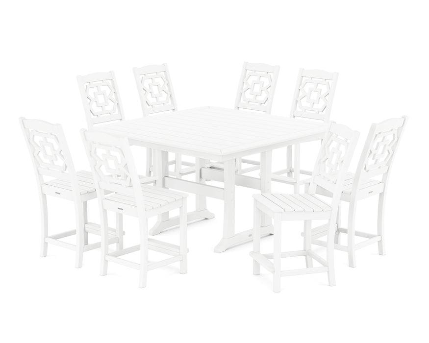 Martha Stewart by POLYWOOD Chinoiserie 9-Piece Square Side Chair Counter Set with Trestle Legs in White