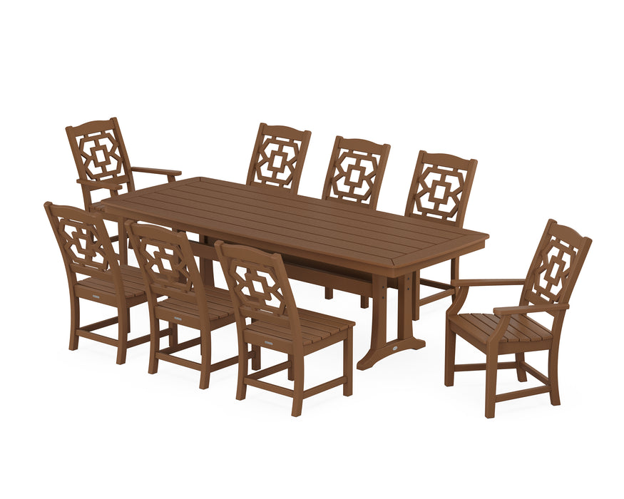 Martha Stewart by POLYWOOD Chinoiserie 9-Piece Dining Set with Trestle Legs in Teak