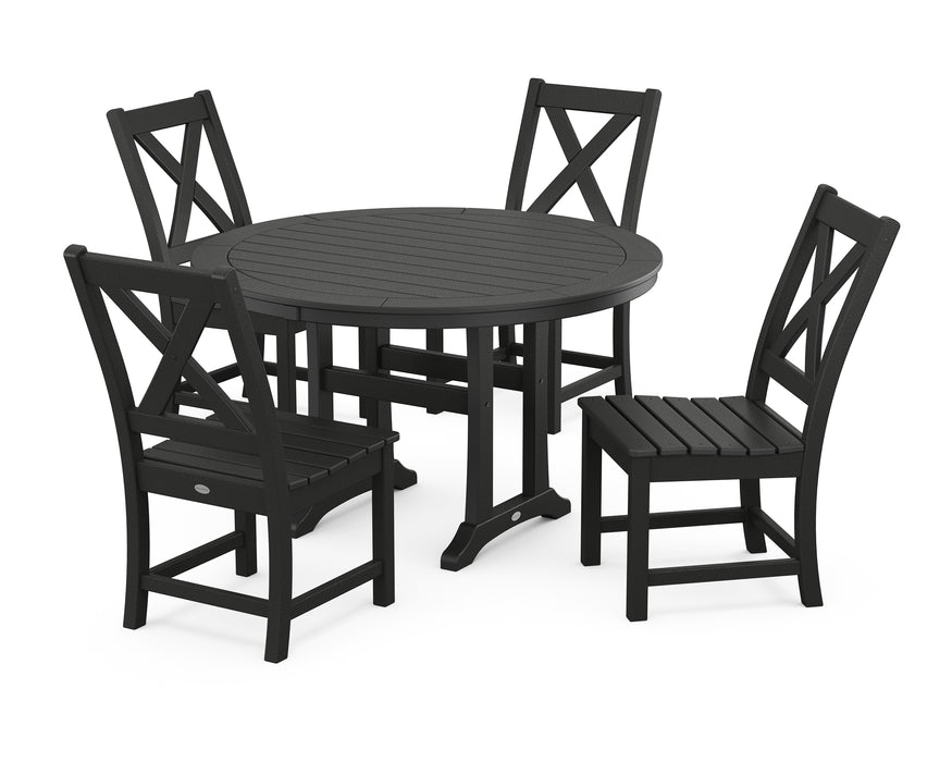 POLYWOOD Braxton Side Chair 5-Piece Round Dining Set With Trestle Legs in Black