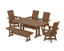 POLYWOOD Modern Curveback Adirondack Swivel Chair 6-Piece Dining Set with Trestle Legs and Bench in Teak