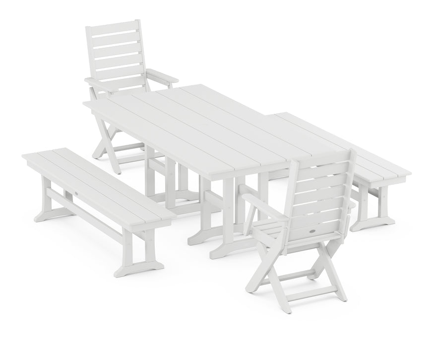 POLYWOOD Captain 5-Piece Farmhouse Dining Set with Benches in White