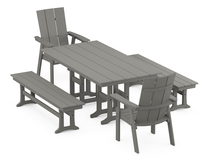 POLYWOOD Modern Curveback Adirondack 5-Piece Farmhouse Dining Set with Benches in Slate Grey
