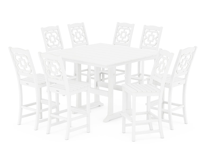 Martha Stewart by POLYWOOD Chinoiserie 9-Piece Square Farmhouse Side Chair Bar Set with Trestle Legs in White