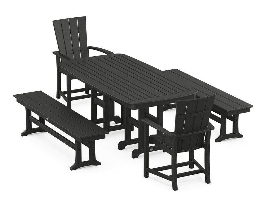 POLYWOOD Quattro 5-Piece Farmhouse Dining Set with Benches in Black