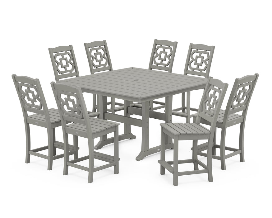 Martha Stewart by POLYWOOD Chinoiserie 9-Piece Square Side Chair Counter Set with Trestle Legs in Slate Grey