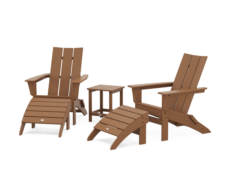 POLYWOOD Modern Folding Adirondack Chair 5-Piece Set with Ottomans and 18" Side Table in Tangerine