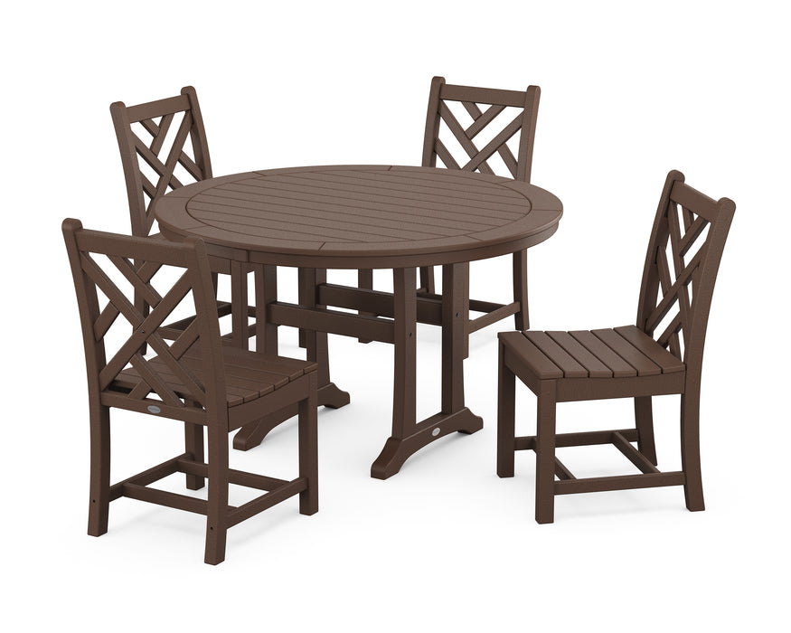 POLYWOOD Chippendale Side Chair 5-Piece Round Dining Set With Trestle Legs in Mahogany
