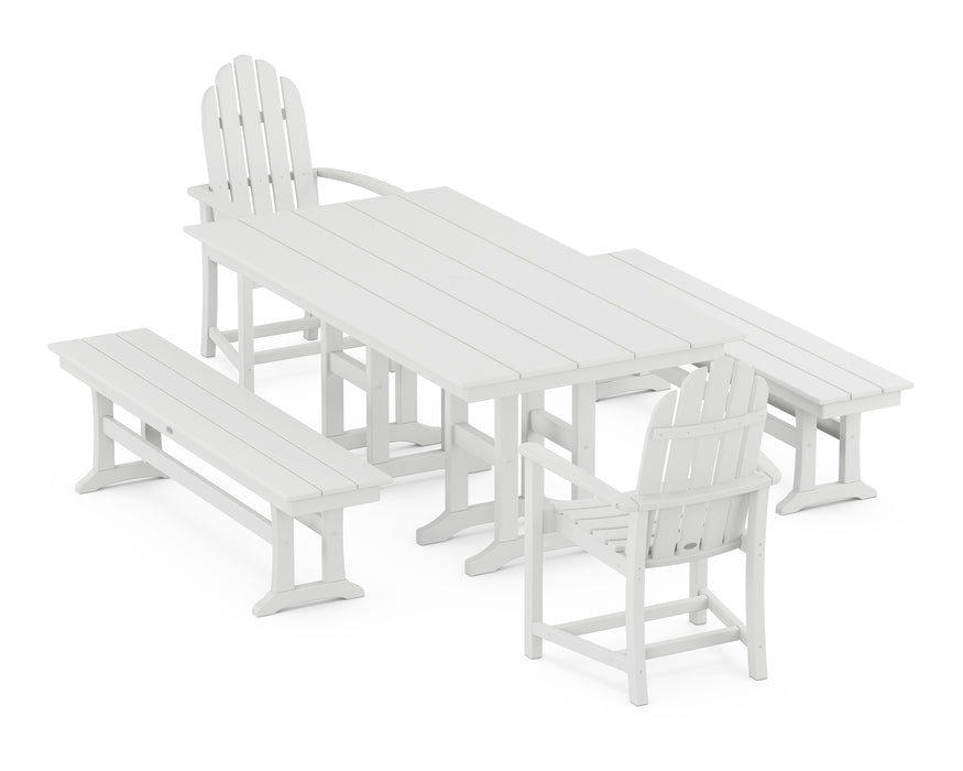 POLYWOOD Classic Adirondack 5-Piece Farmhouse Dining Set with Benches in White