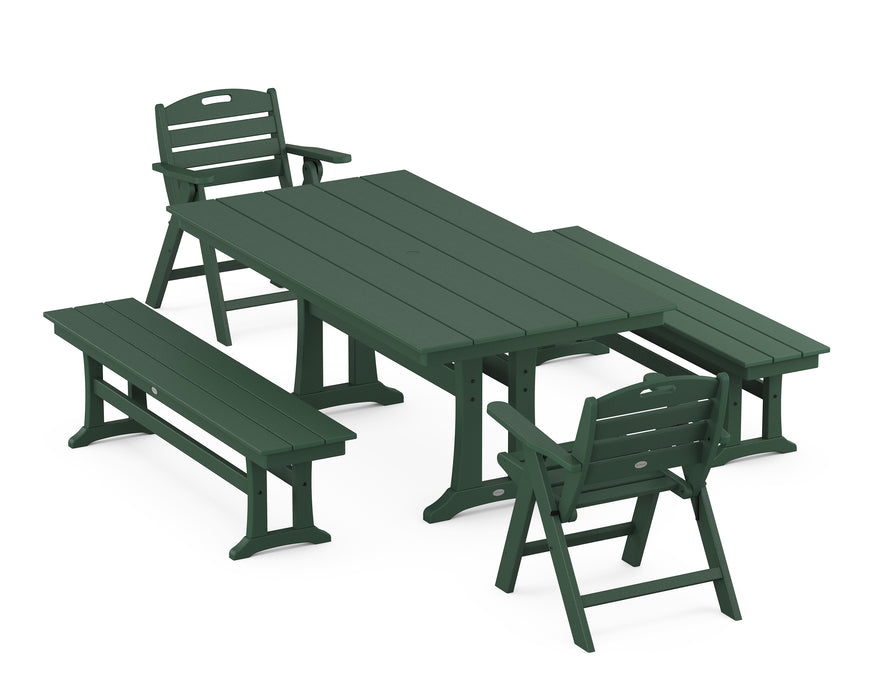 POLYWOOD Nautical Lowback 5-Piece Farmhouse Dining Set With Trestle Legs in Green