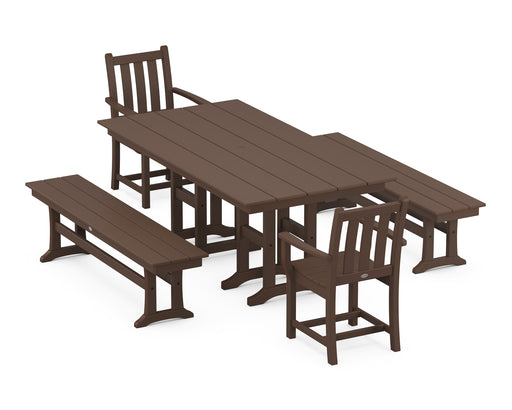 POLYWOOD Traditional Garden 5-Piece Farmhouse Dining Set with Benches in Mahogany