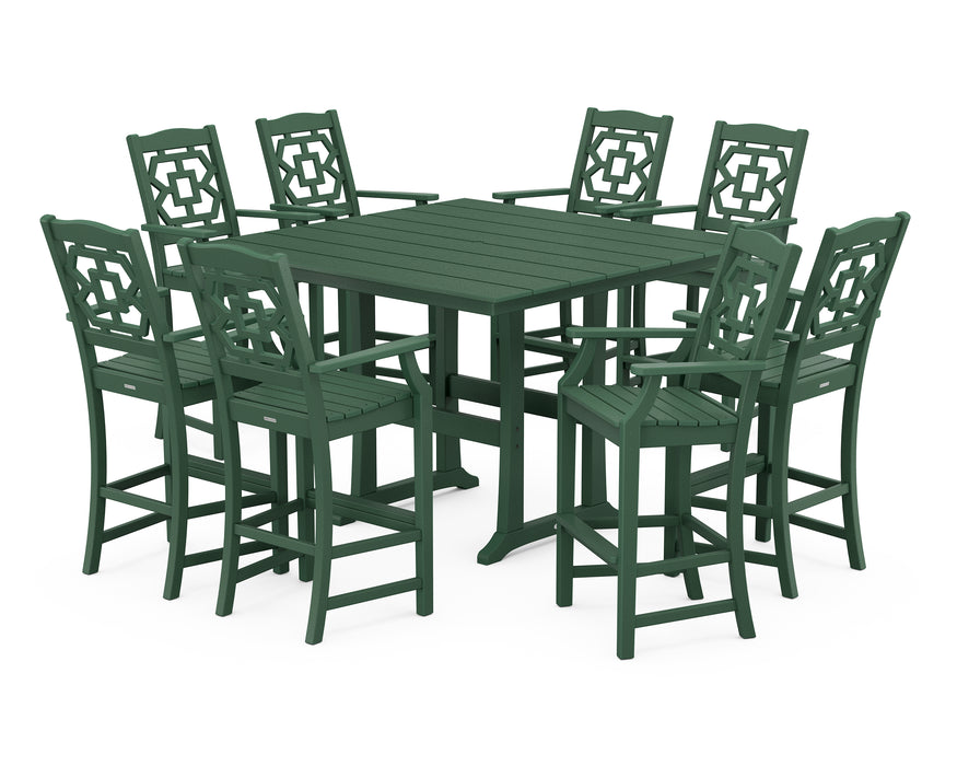 Martha Stewart by POLYWOOD Chinoiserie 9-Piece Square Farmhouse Bar Set with Trestle Legs in Green