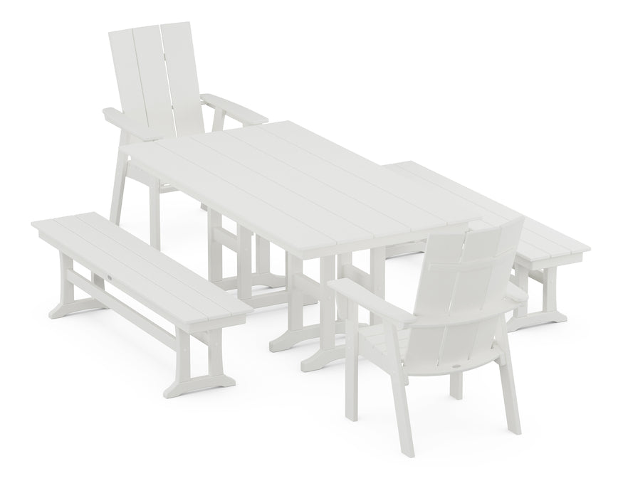 POLYWOOD Modern Curveback Adirondack 5-Piece Farmhouse Dining Set with Benches in Vintage White