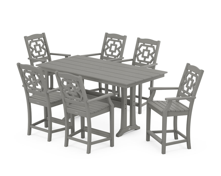 Martha Stewart by POLYWOOD Chinoiserie Arm Chair 7-Piece Farmhouse Counter Set with Trestle Legs in Slate Grey