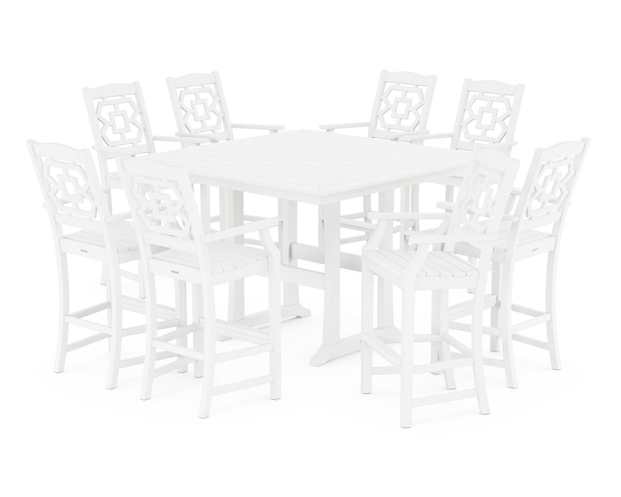 Martha Stewart by POLYWOOD Chinoiserie 9-Piece Square Bar Set with Trestle Legs in White