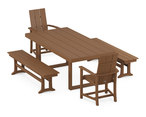 POLYWOOD Modern Adirondack 5-Piece Dining Set with Benches in Teak