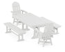 POLYWOOD Vineyard Curveback Adirondack Swivel Chair 5-Piece Farmhouse Dining Set With Trestle Legs and Benches in White