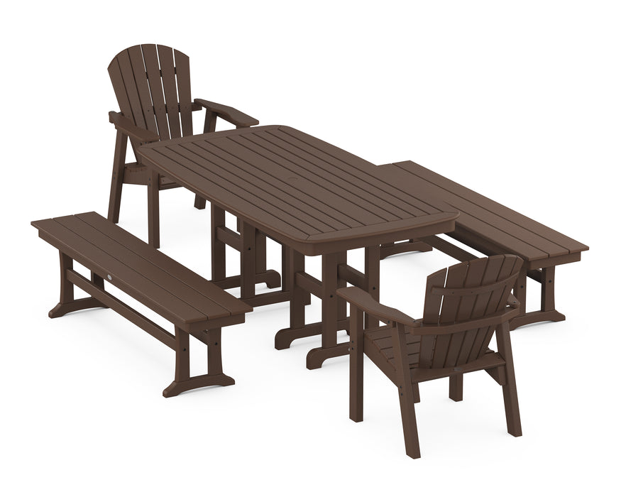 POLYWOOD Seashell 5-Piece Dining Set with Benches in Mahogany