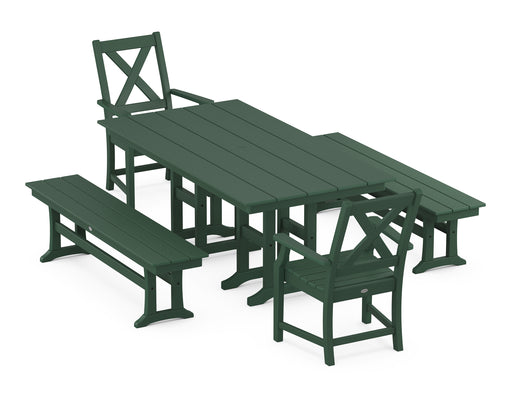 POLYWOOD Braxton 5-Piece Farmhouse Dining Set with Benches in Green