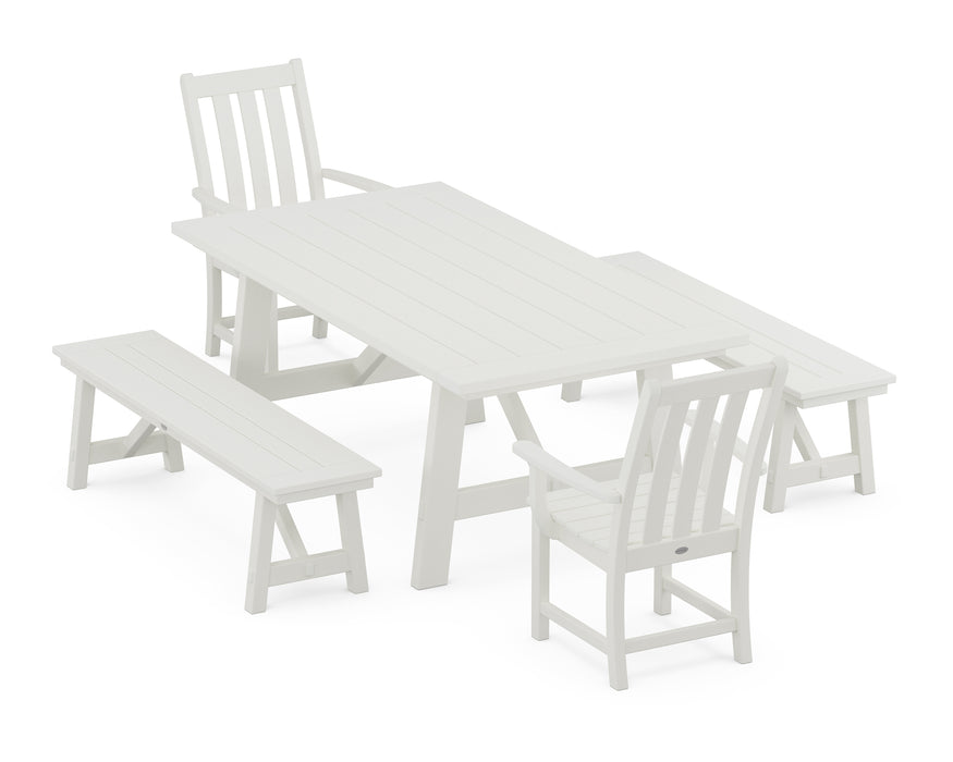 POLYWOOD Vineyard 5-Piece Rustic Farmhouse Dining Set With Trestle Legs in Vintage White