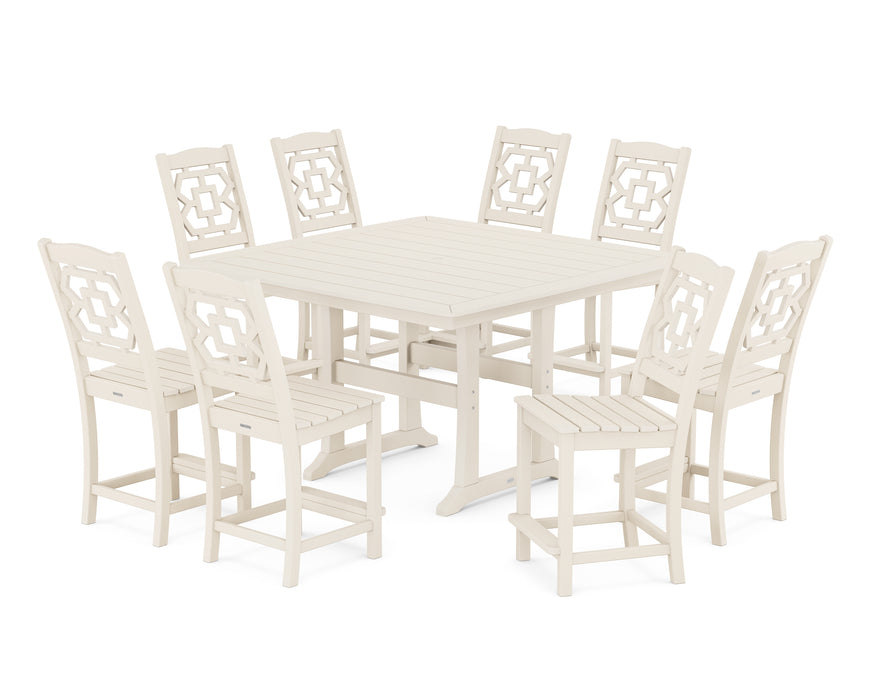 Martha Stewart by POLYWOOD Chinoiserie 9-Piece Square Side Chair Counter Set with Trestle Legs in Sand