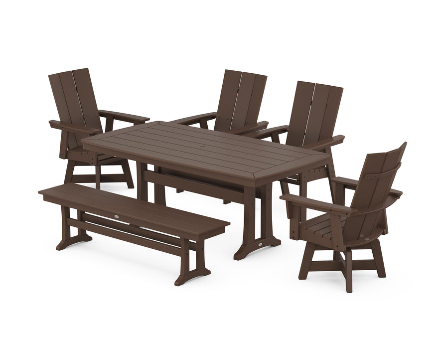 POLYWOOD Modern Curveback Adirondack Swivel Chair 6-Piece Dining Set with Trestle Legs and Bench in Mahogany