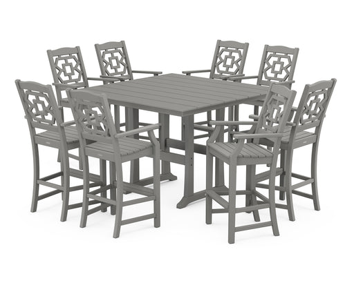Martha Stewart by POLYWOOD Chinoiserie 9-Piece Square Farmhouse Bar Set with Trestle Legs in Slate Grey