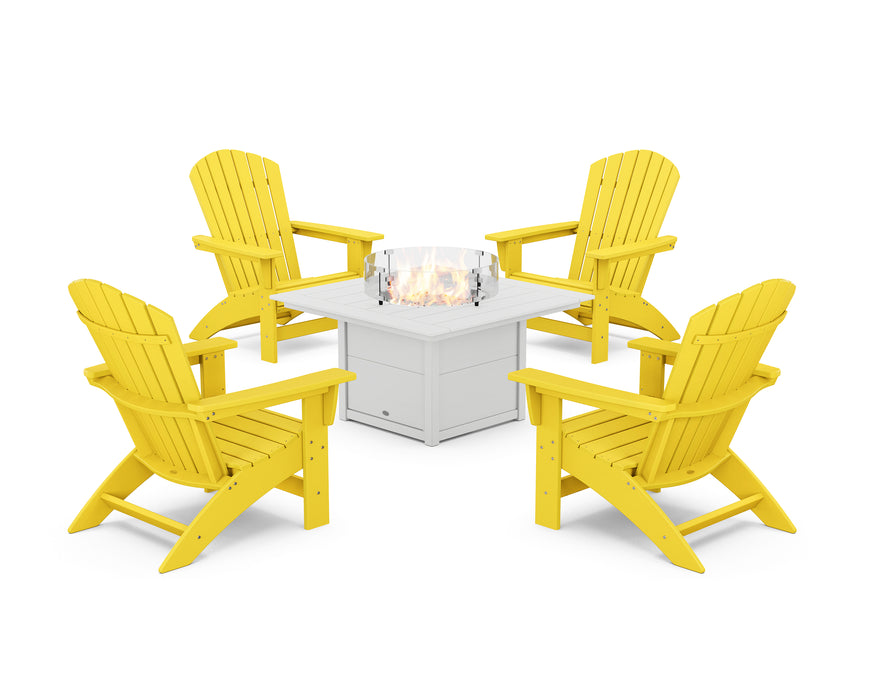 POLYWOOD® 5-Piece Nautical Grand Adirondack Conversation Set with Fire Pit Table in Lime / White