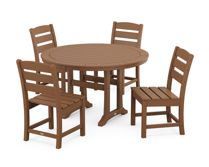 POLYWOOD Lakeside Side Chair 5-Piece Round Dining Set With Trestle Legs in Teak