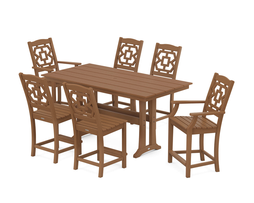 Martha Stewart by POLYWOOD Chinoiserie 7-Piece Farmhouse Counter Set with Trestle Legs in Teak