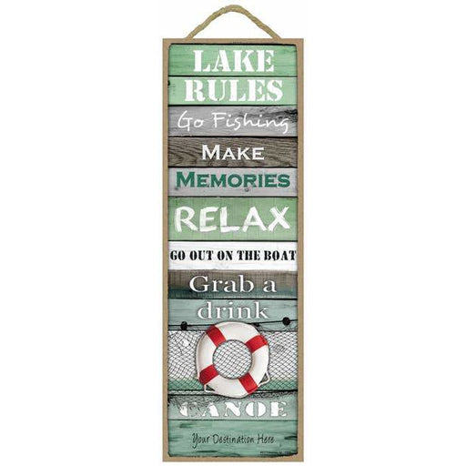 Lake Rules: Red and White Lifesaver Wood Sign