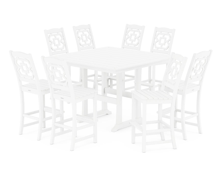 Martha Stewart by POLYWOOD Chinoiserie 9-Piece Square Side Chair Bar Set with Trestle Legs in White