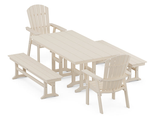 POLYWOOD Nautical Curveback Adirondack 5-Piece Farmhouse Dining Set with Benches in Sand