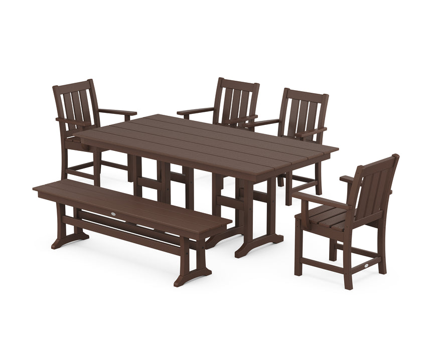 POLYWOOD® Oxford 6-Piece Farmhouse Dining Set with Bench in Mahogany