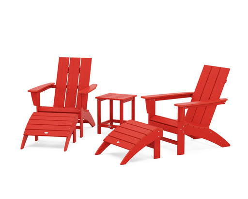 POLYWOOD Modern Adirondack Chair 5-Piece Set with Ottomans and 18" Side Table in Sunset Red