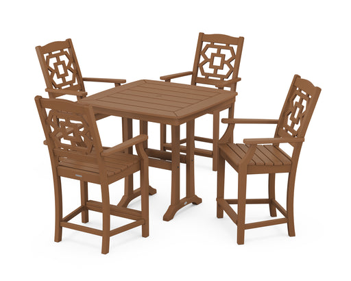 Martha Stewart by POLYWOOD Chinoiserie 5-Piece Counter Set with Trestle Legs in Teak