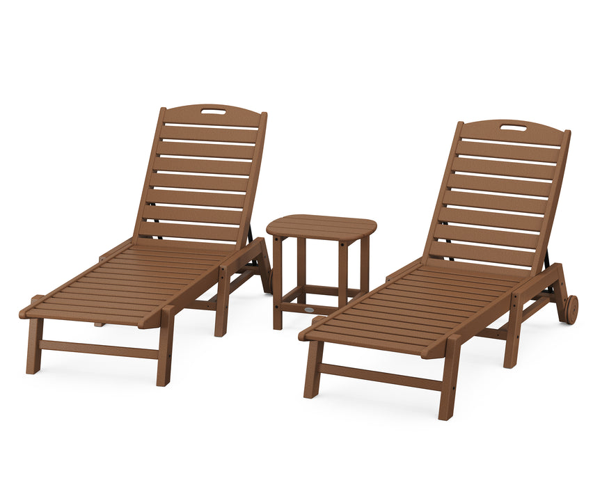 POLYWOOD Nautical 3-Piece Chaise Lounge with Wheels Set with South Beach 18" Side Table in Teak
