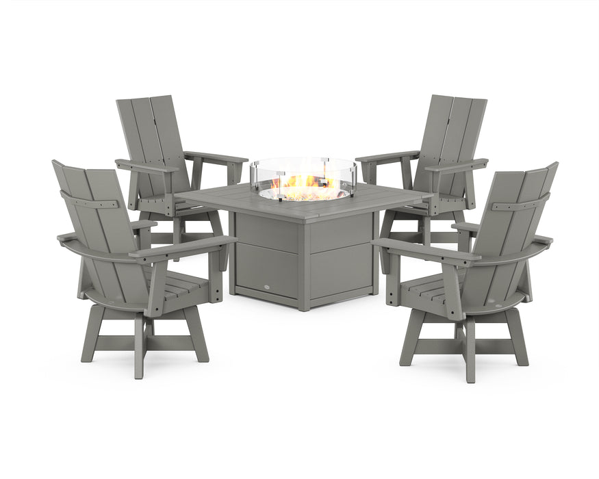 POLYWOOD® Modern 4-Piece Curveback Upright Adirondack Conversation Set with Fire Pit Table in Teak