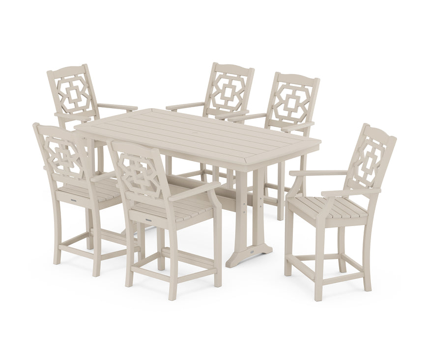 Martha Stewart by POLYWOOD Chinoiserie Arm Chair 7-Piece Counter Set with Trestle Legs in Sand