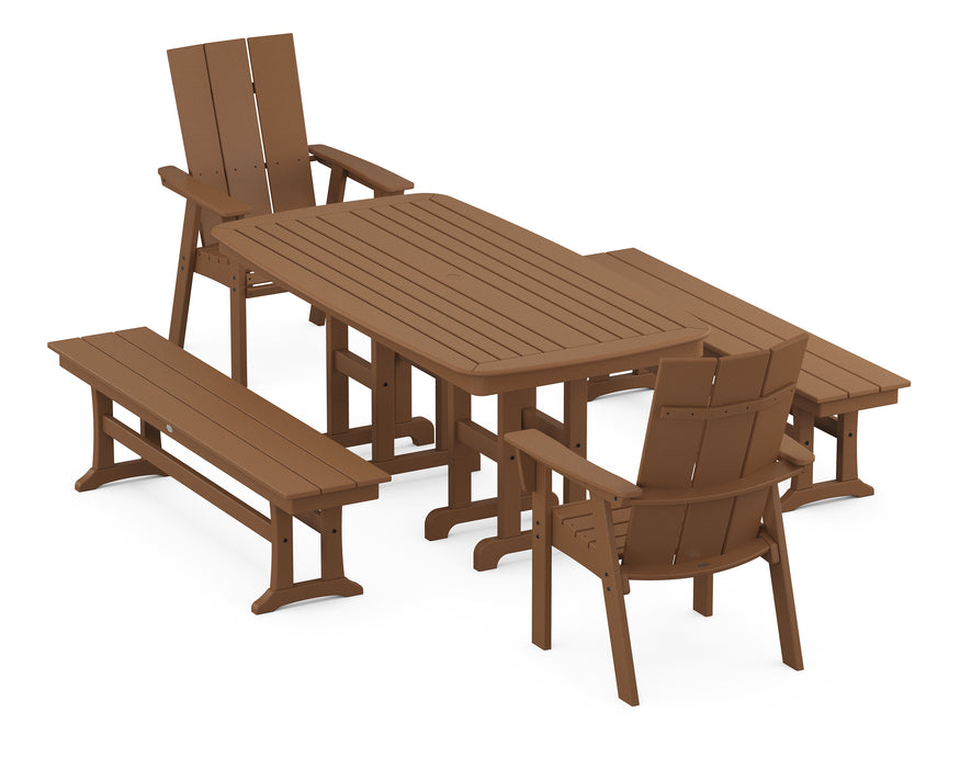 POLYWOOD Modern Curveback Adirondack 5-Piece Dining Set with Benches in Teak