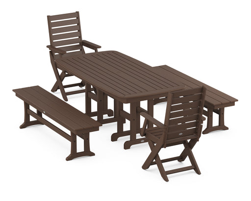 POLYWOOD Captain 5-Piece Dining Set with Benches in Mahogany