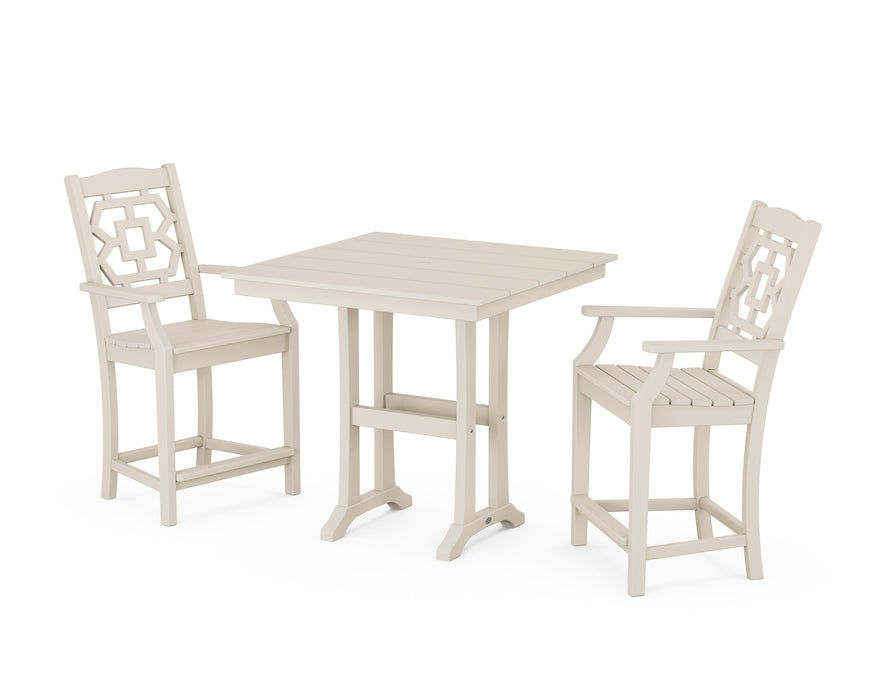 Martha Stewart by POLYWOOD Chinoiserie 3-Piece Farmhouse Counter Set with Trestle Legs in Sand