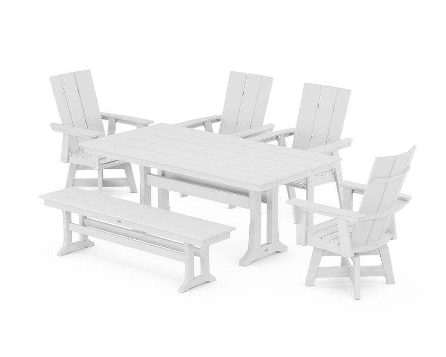 POLYWOOD Modern Curveback Adirondack Swivel Chair 6-Piece Farmhouse Dining Set With Trestle Legs and Bench in White