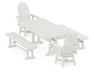 POLYWOOD Vineyard Curveback Adirondack Swivel Chair 5-Piece Farmhouse Dining Set With Trestle Legs and Benches in Vintage White