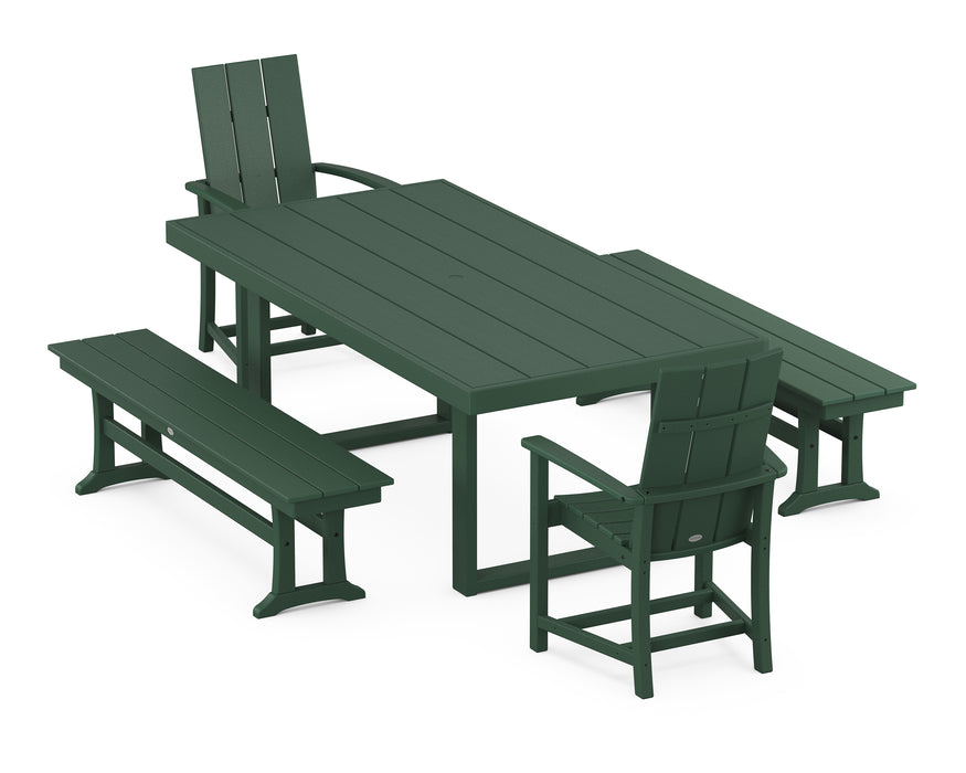 POLYWOOD Modern Adirondack 5-Piece Dining Set with Benches in Green