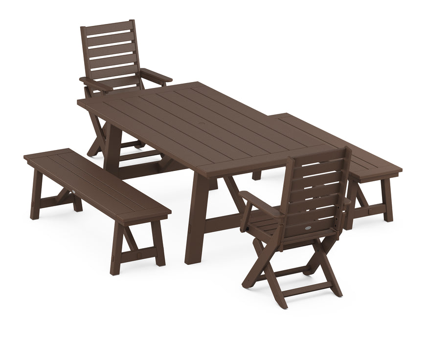 POLYWOOD Captain 5-Piece Rustic Farmhouse Dining Set With Benches in Mahogany