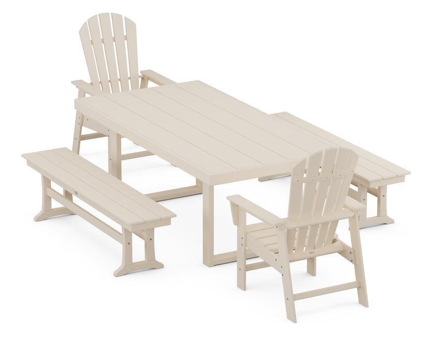 POLYWOOD South Beach 5-Piece Dining Set with Benches in Sand