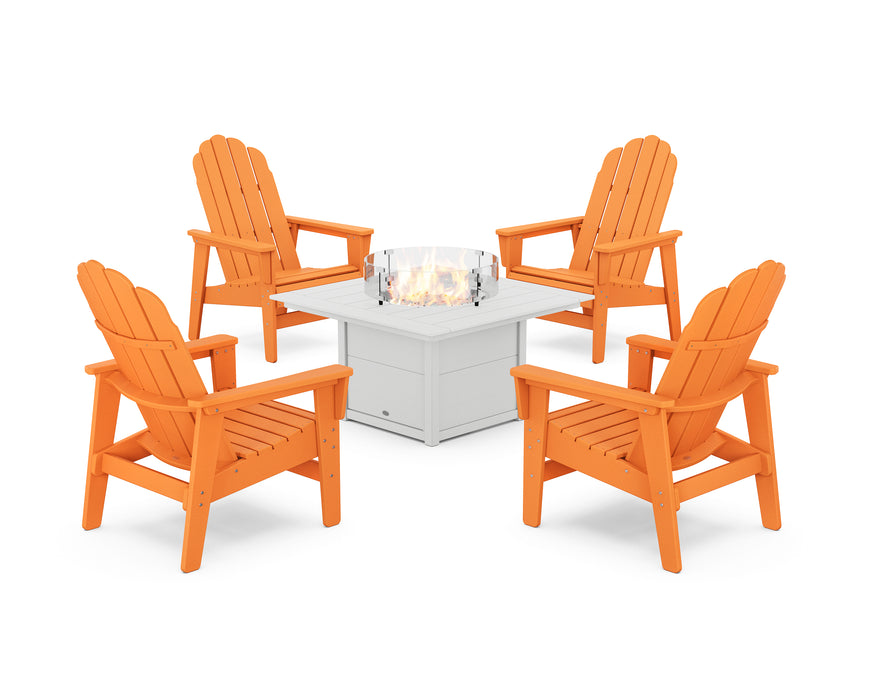 POLYWOOD® 5-Piece Vineyard Grand Upright Adirondack Conversation Set with Fire Pit Table in Tangerine / White