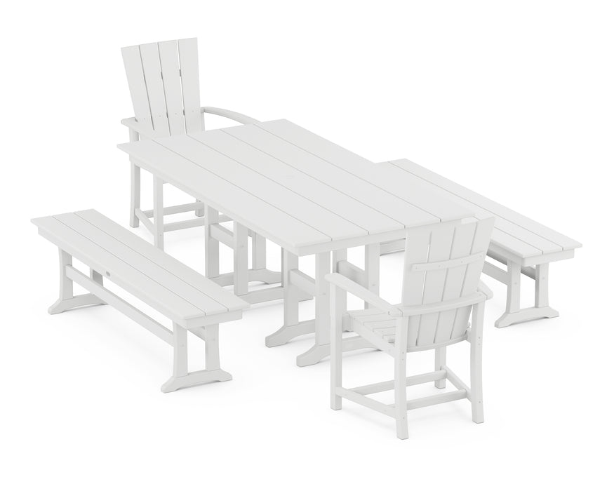 POLYWOOD Quattro 5-Piece Farmhouse Dining Set with Benches in White