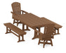 POLYWOOD Nautical Curveback Adirondack Swivel Chair 5-Piece Farmhouse Dining Set With Trestle Legs and Benches in Teak
